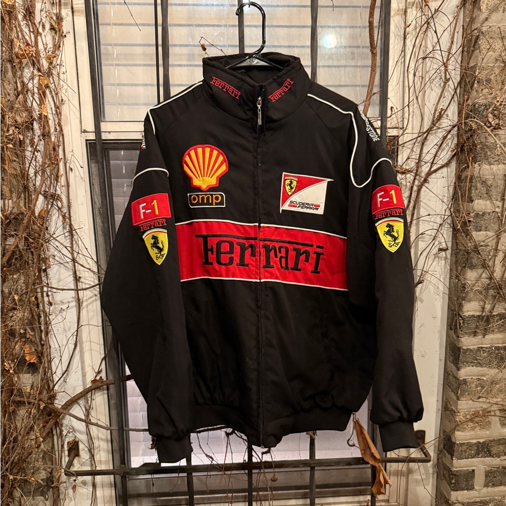 Black and red Ferrari racing jacket with embroidered logos